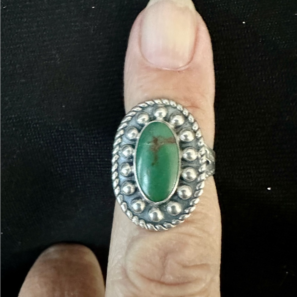 VTG Fred Harvey Era Navajo Sterling Silver Green Turquoise  Ring Sz 5.75.